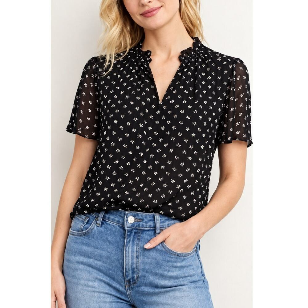 Ann Taylor Petites Blouse Size XXSP Black Sheer Flutter Ruffle NWT Floral Top